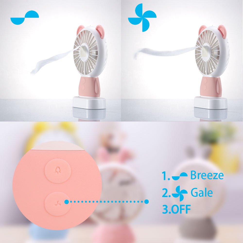 Rye-Tech Mini Handheld Fan, Personal Portable Rechargeable Fan with Color LED light 2 Adjustable Speeds Standing Base for House Travel Camping and Children Gifts - Pink Bear