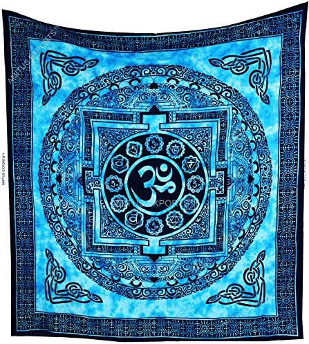 Amitus Exports(TM) Premium Quality 1 X Om Chakra Healing Blue Tie Dye Color Size 88"X81" (Approx.) Inches Indian Mandala Tapestry Thin Cotton Fabric Throws (Handmade In India)