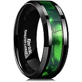 King Will Tungsten Carbide Wedding Band for Men - 8mm Black High Polished Inlay Green/Black Olive Shell Texture Patterns for Everyday Wear Comfort Fit