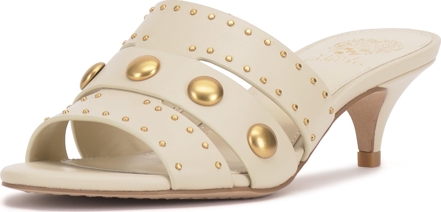 Vince Camuto Women’s Kyler Studded Kitten Heel Sandal, Panna Creme, 5