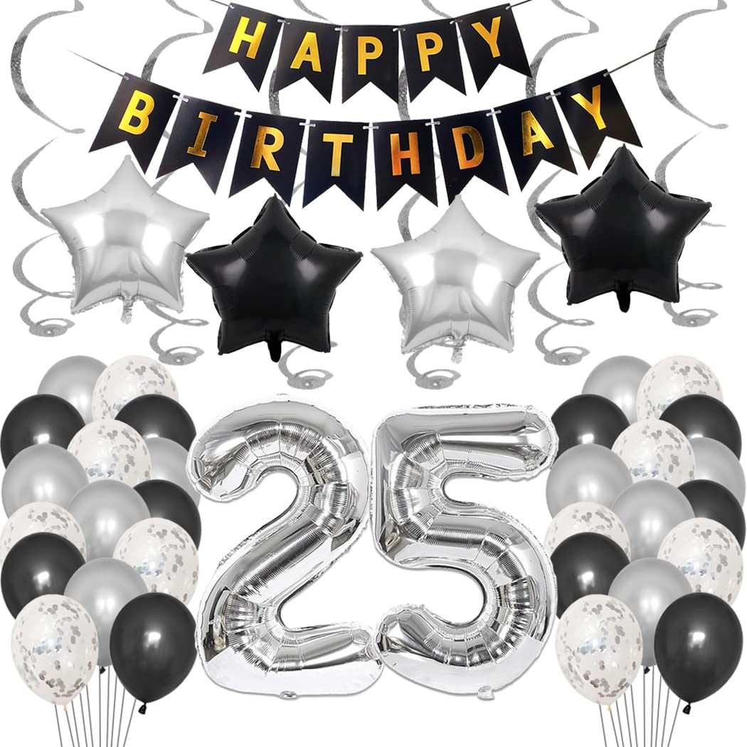 Borsgye 25th Birthday Party Decorations Set for Girl Boy Women Men Black HAPPY BIRTHDAY Letter Banner Foil Star Balloons Confetti Latex Balloons Hanging Swirl with Silver Giant Number 25 Balloon
