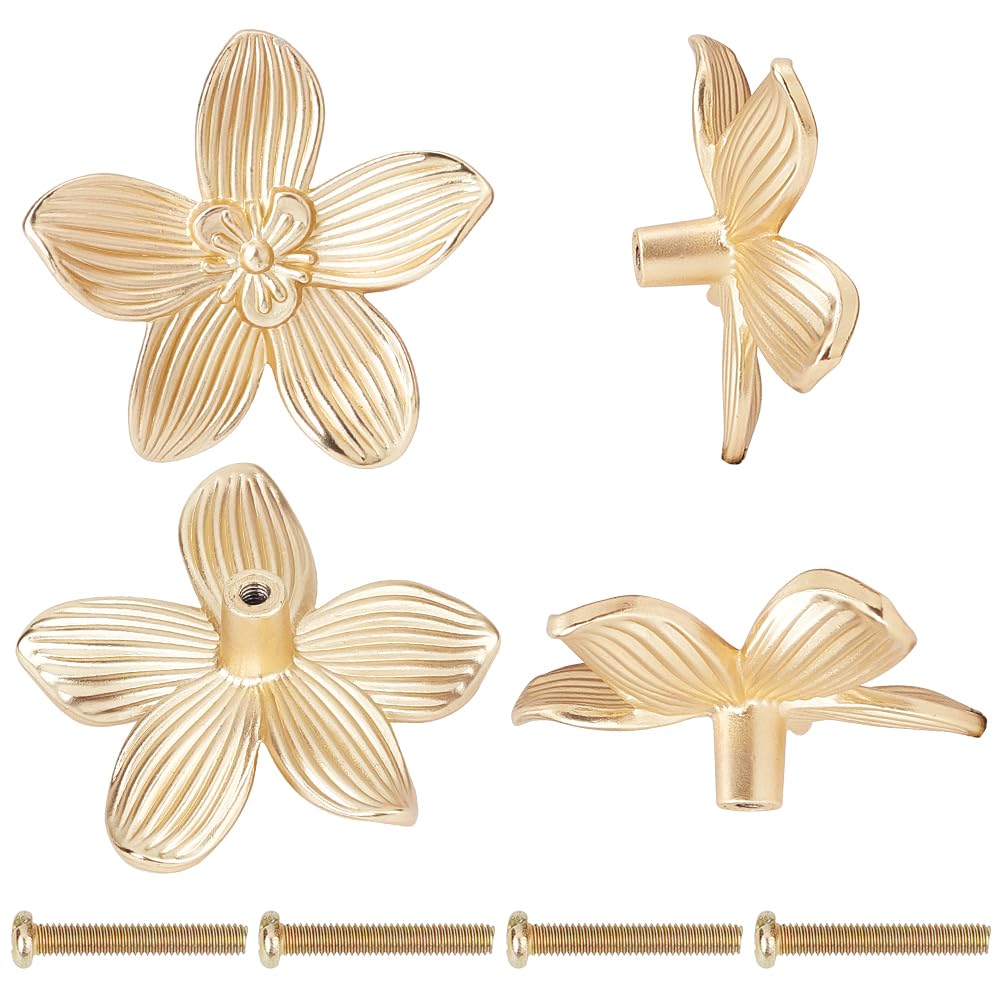 CREATCABIN 6 Sets Gold Flower Drawer Knobs Cabinet Knobs Dresser Knobs Alloy Drawer Pulls Handles Single Hole Hardware Handle with Screw for Kitchen Furniture Cupboard Wardrobe Door Pulls 2.2x2.3Inch — image 1
