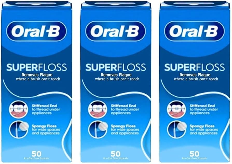 Oral-B Super Floss Mint Hilo dental para puentes y aparatos ortopédicos - 50 tiras (paquetes de 3)