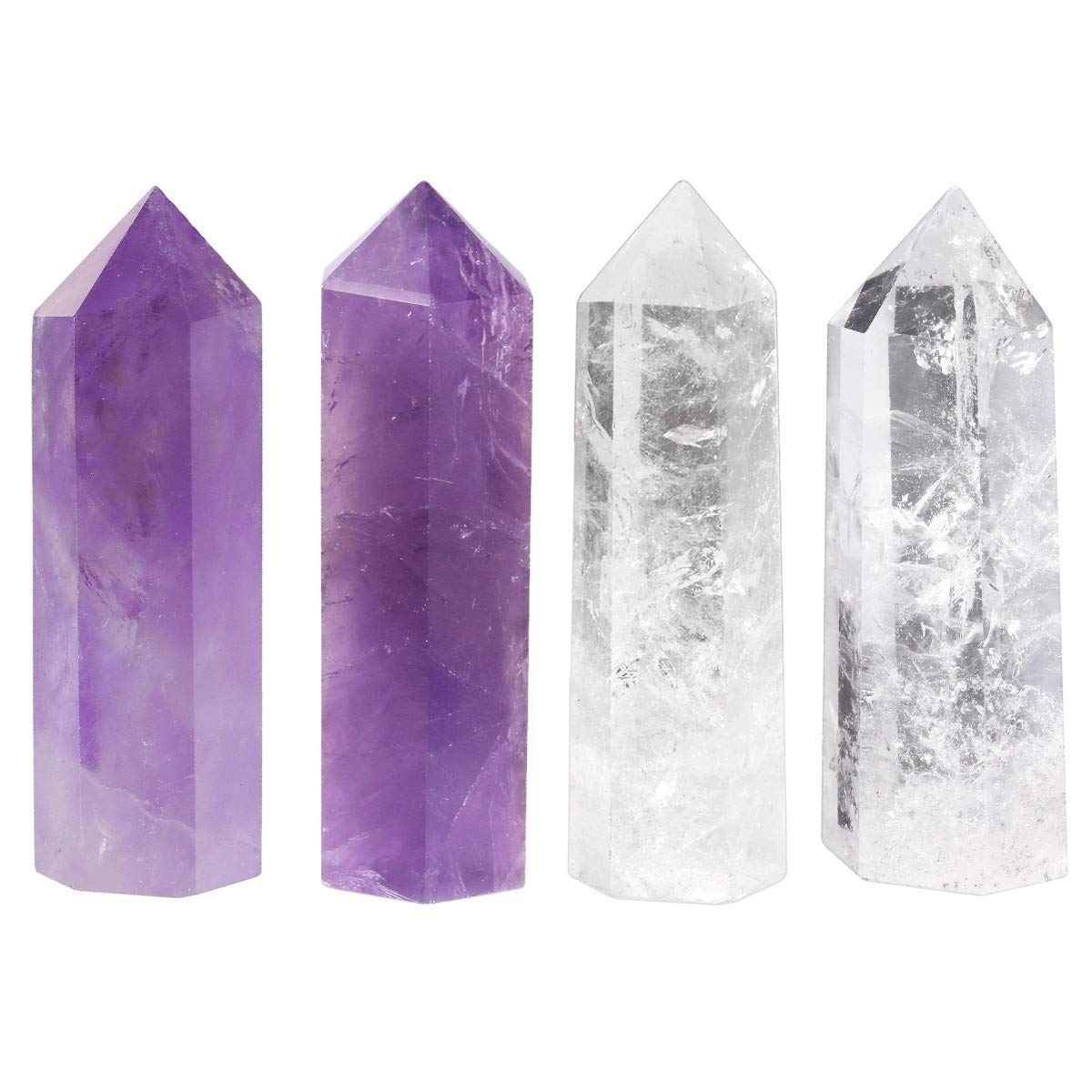 mookaitedecor Natural Healing Crystal Wands Set of 4, Quartz Crystal Stone Wand Prism Hexagonal Point for Chakra Meditation Wiccan Witchcraft Decor Gift, Amethyst & Clear Quartz