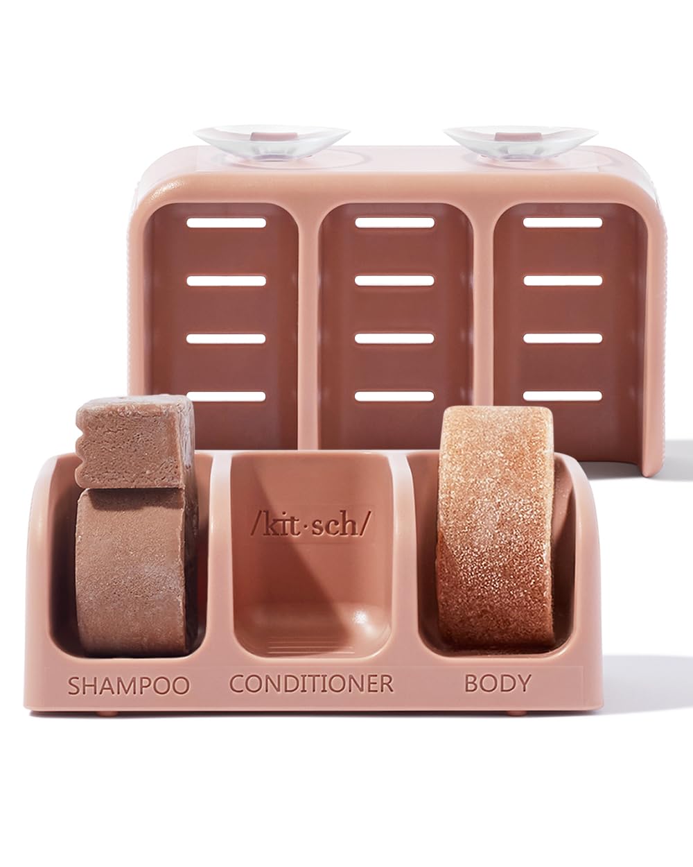 Kitsch Self-Draining Soap Dish for Shower - Recycled Plastic Holder for Shampoo, Conditioner & Body Wash Bars | Chic Shower Soap Holder for 3 Bars with Removable Suction Cups