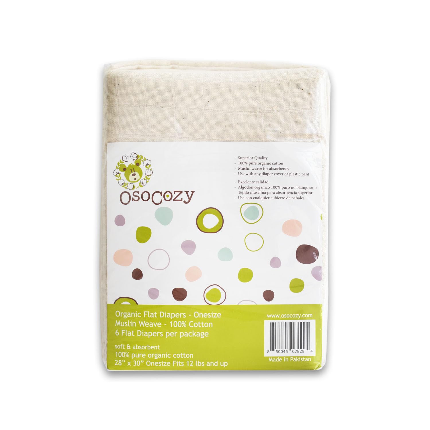 OsoCozy Organic Muslin Flat Cloth Diapers - Made of Ecologically Friendly, Soft, Absorbent, Double Layered 100% Organic Cotton. 6 Pack. OneSize Fits 12-30 Pounds.
