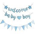 Welcome Baby Boy Banner, Blue Glitter Paper Flags for Baby Shower Decorations, Boys 1st Birthday Party Supplies, Gender Revea