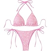 SEGT Women's Floral Textured Fabric Bikini Set 2 Piece Swimsuit Sexy Halter Backless Side Tie Bathing Suit