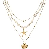 Seashell Starfish Necklace for Women Summer Pearl Beach Conch Shell 14k Gold Layered Dainty Choker