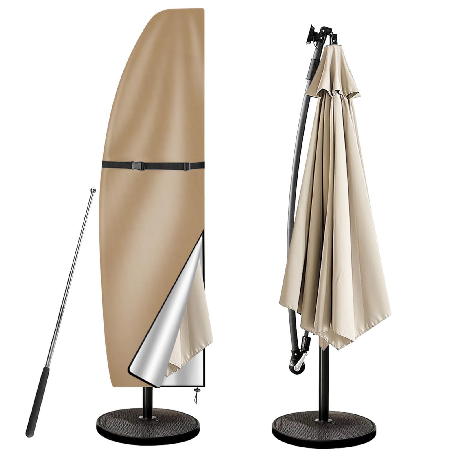 wiipara Parasol Cover with Rod, Parasol Protective Cover fit for Waterproof UV-Block Windproof Large Umbrella Cover with Zip and Storage Bag for Garden Outdoor (Khaki, 205x25x57/48(bottom) cm)