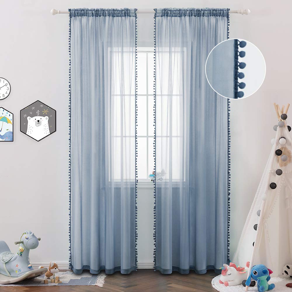 MIULEE Blue Net Curtain with Plush Ball, Decorative Curtain for Boys and Living Rooms (2 x L140 x H280 cm), Interior Window Curtains with Rod Pocket, Pompom Curtains for Children's Bedroom
