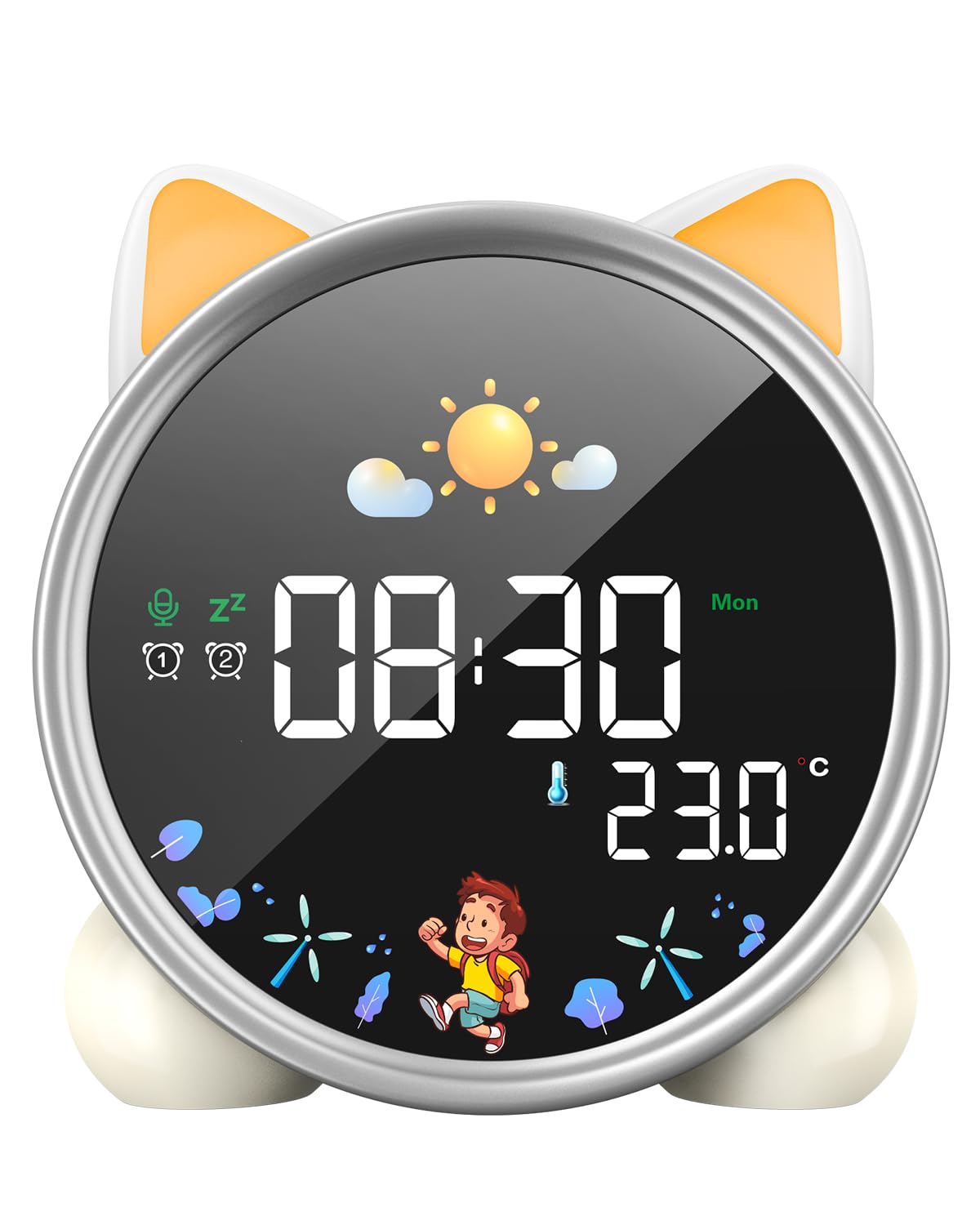 Lemnoi Alarm Clock for Kids, Sleep Trainer Clock for Children, OK to Wake Clock with Sun & Moon Mode, Countdown/Timer, Dual Alarm, Adjustable Night Light, Sleep Music, Snooze, Temperature (Cat)