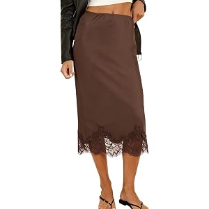 Kissonic Satin Skirts for Women A-Line Lace Trim Silk Flowy Midi Skirt | High Elastic Waist, Smooth, Lightweight, Solid Color