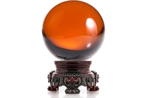 Amlong Crystal 3 inch (80mm) Amber Crystal Ball with Redwood Lion Resin Stand