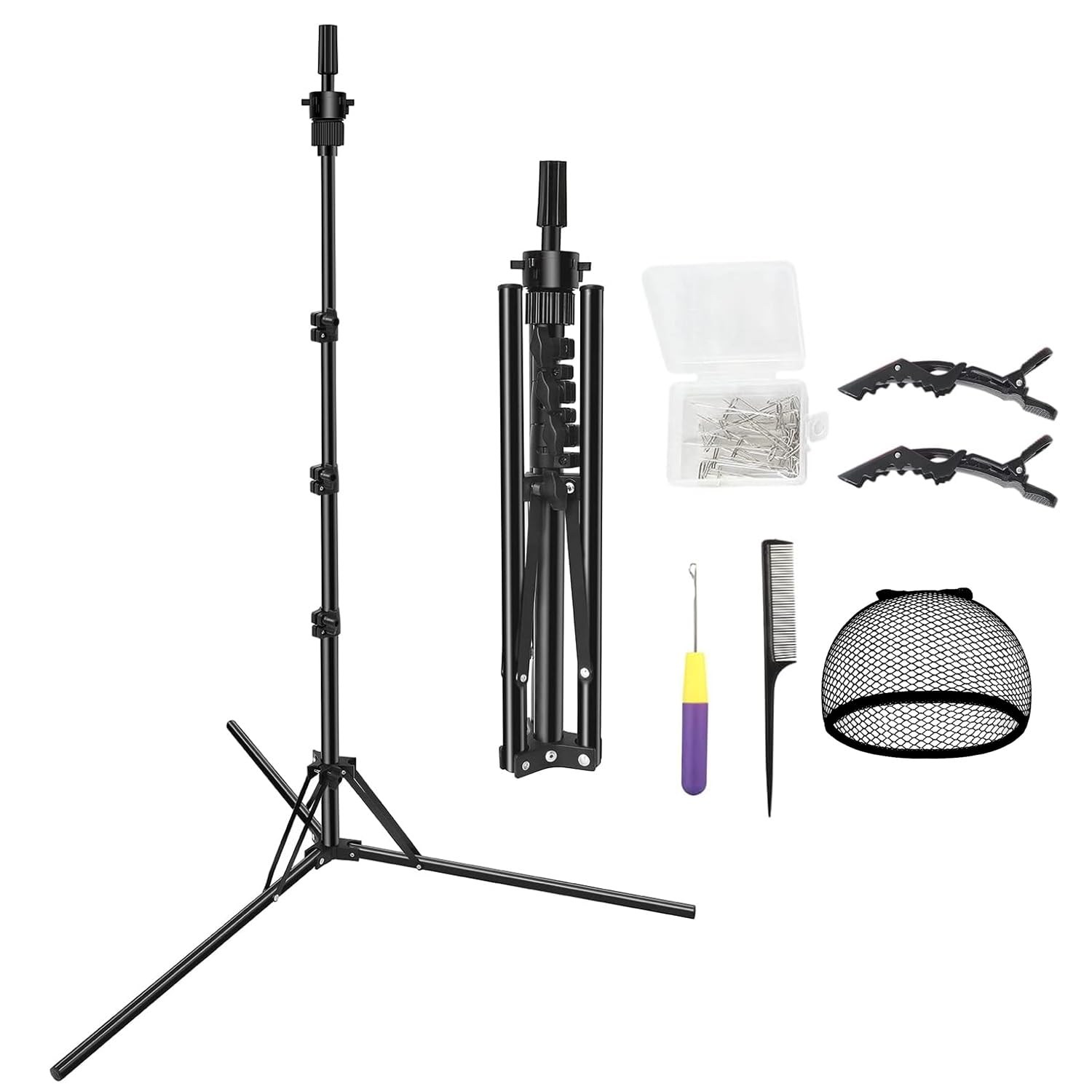 QUANMINXF Mini Mannequin Head Tripod, Adjustable Wig Stand Tripod, Mannequin Head Stand Holder for Hairdressing Training (Big Black)