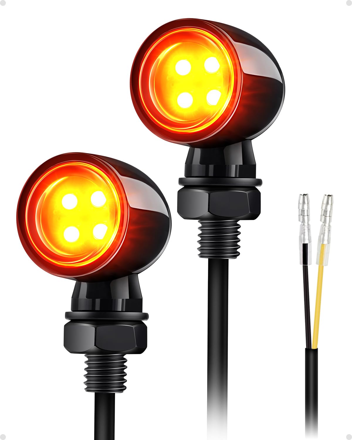 Photo 1 of Benlari Motorcycle Bullet Mini Turn Signal Lights, LED Turn Signal Blinkers, 4LEDs Amber Blinkers Turn Lights Fit for Honda Yamaha Suzuki Kawasaki Harley Chopper Bobber, 2PCS