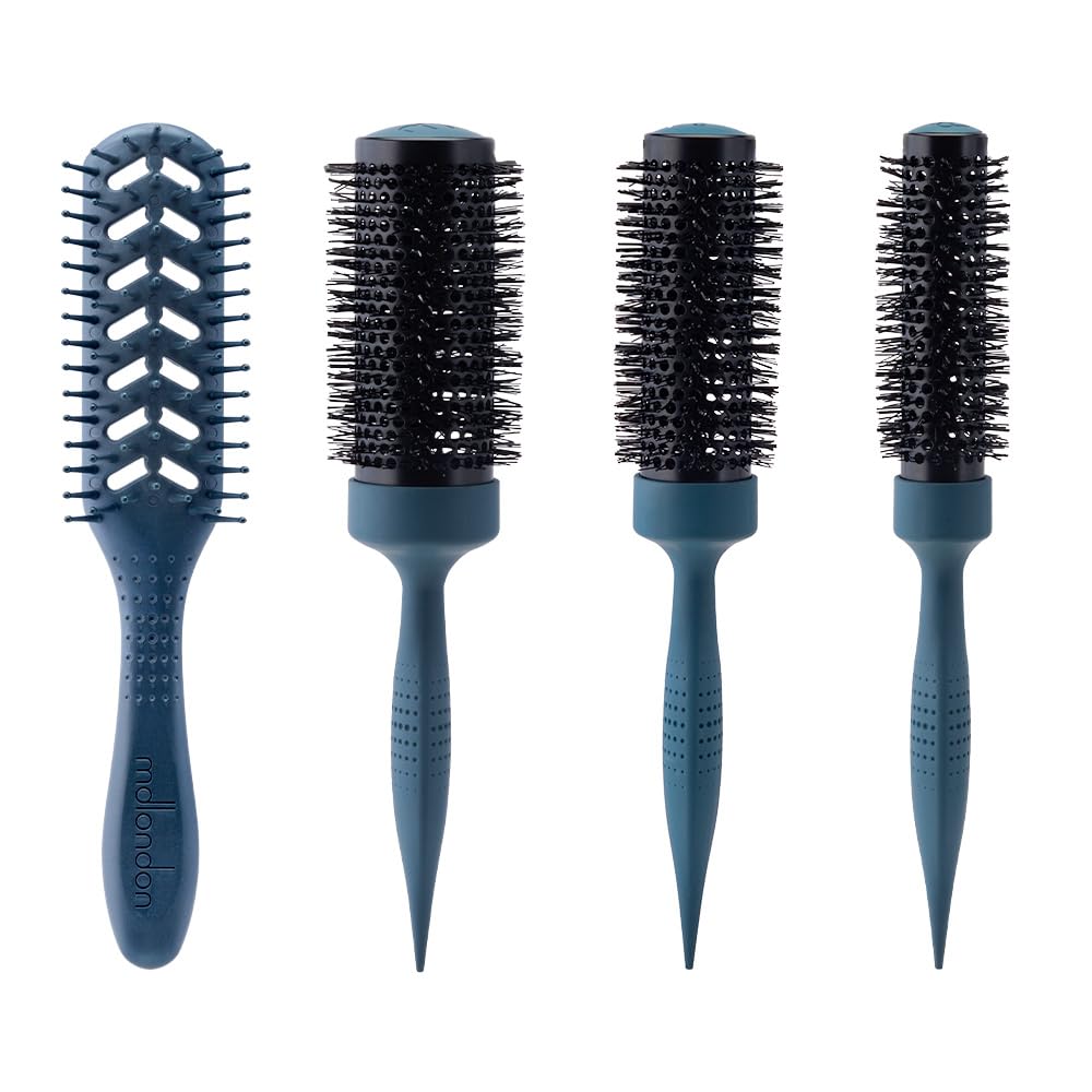 mdlondon BRUSH Womens Hair Brush Set (includes 32, 43 & 54mm Dia. Radial Round Hair Brushes + 1 Vent Brush). 4 Piece Hair Brush Gift Set for all Hair Types - Genuine mdlondon Hairbrushes for Women
