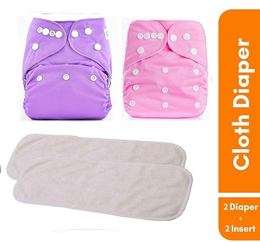 Ineffable Combo of Quirk Reusable Baby Washable Cloth Diaper Nappies with Multi Layered Micro- Fibre Baby Insert Pads (Pink & Purple) (Set of 2) (Assorted Colours)