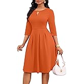 Nmoder Elegant Vintage Dresses for Women, 3/4 Sleeve Keyhole Swing Casual Work Midi Dress with Pockets