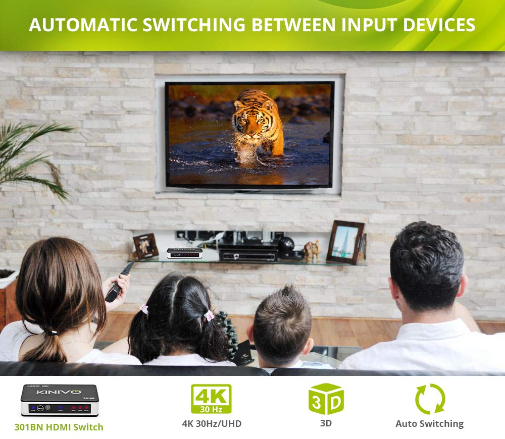 Kinivo HDMI Switch 4K HDR 301BN (3 in 1 Out, 4K 60Hz HDR, HDMI 2.0, High Speed 18Gbps, IR Remote, HDCP) - Compatible with Roku, PS5, Xbox, Apple TV, Nintendo Switch, Cable Box