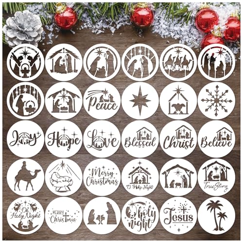 30 Pieces Small Christmas Nativity Stencils for Painting on Wood Reusable Palstic Nativity Scene Stencils for DIY Crafts Ornament Wood Cookie (4in Jesus)