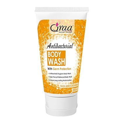 Qraa Antibacterial Body Wash with Goodness of Tulsi & Cucumber, Germ Protection Shower Gel, Soap Free, Ph Balanced, Long Lasting Moisturizing, Sulfate Free Shower Gel, 200 ml