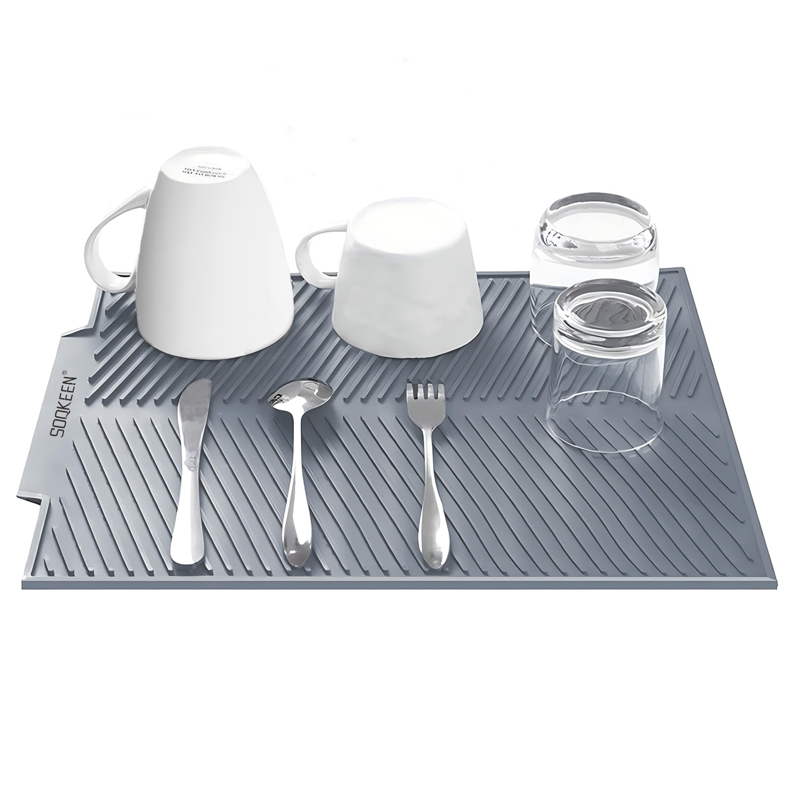 SOQKEEN Silicone Draining Mat - 17"x13" Collapsible Dish Drainer, Heat Resistant, Non-Slip, Kitchen Sink Protector, Light Grey