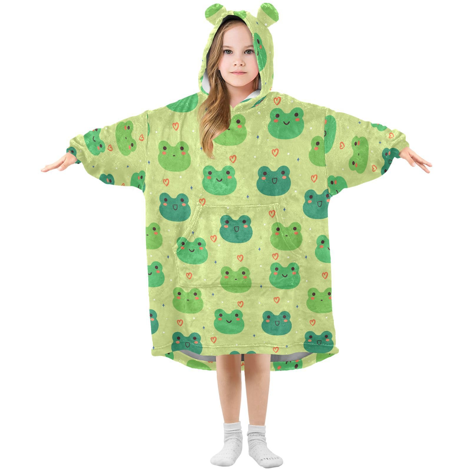Oversized Blanket Hoodie for Kids Adult Girls Boys, Fleece Hoodie Blanket Cute Frog Super Warm Plush Wearable Blanket Hoodie Sweatshirt with Roomy Pocket, Medium