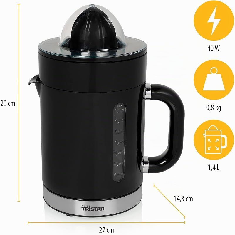 Tristar cp-3012 citrus juicer duo, recipiente de sumo integrado com 1,4 l de capacidade, com tampa protetora e 2 cones de diferentes tamanhos, filtro de polpa e jarro removível, 40 w