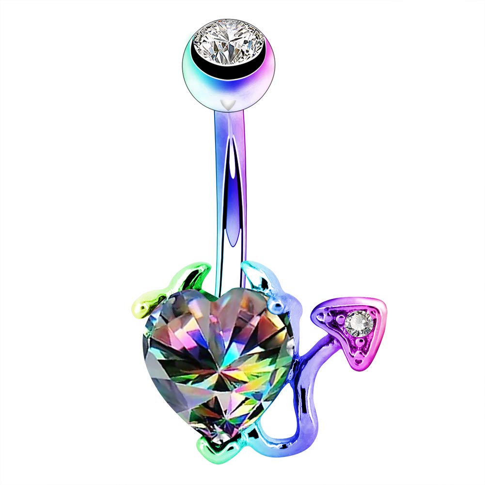 OUFER 14G Stainless Steel Navel Rings Devil Heart Belly Button Rings Iridescent CZ Body Piercing Colorful