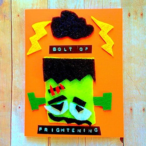 Bolt of Frightening! Inside Text: Happy Mean,Green Halloween! Funnny Frankenstein Handmade Card. comes with mini chalkboard for own message.