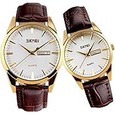 SKMEI Pair Watches for Couples Men and Women His and Hers Watch Set Husband Wife Valentines Matching Wrist Watch Wedding Gifts Waterproof Business Fashion Quartz Analog Calendar