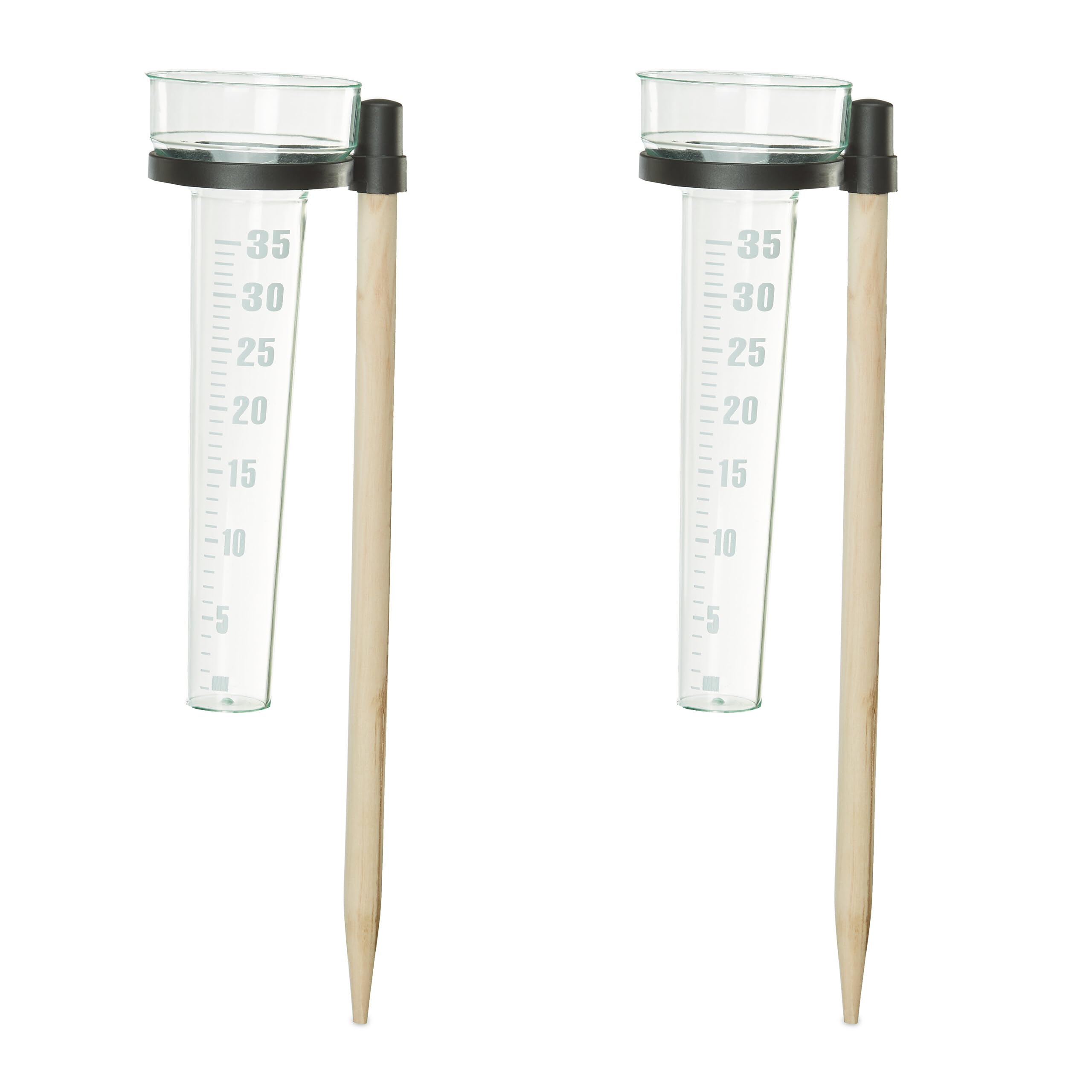 Relaxdays Rain Gauge, 2X Set, Precipitation Measurer, Rainfall Indicator Kit, Wooden, Scale 35mm/m², Transparent/Natural, 38 x 8.5 x 11 cm