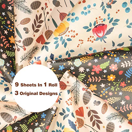 ANZON MORIES Unique Botanic Design Gift Wrapping Paper Ideal for Any Occasion (3 Patterns in 1 Roll of 9 Sheets, 17.5" x 27.5", 3.35 Sq. Ft/Each), Soft Strong 80GSM White Kraft Paper Wrapping Tissue