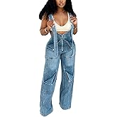 Tbahhir Women's Denim Overalls Jumpsuit Sleeveless Adjustable Strap Loose Baggy Wide Leg Cargo Jean Pants Rompers Trendy