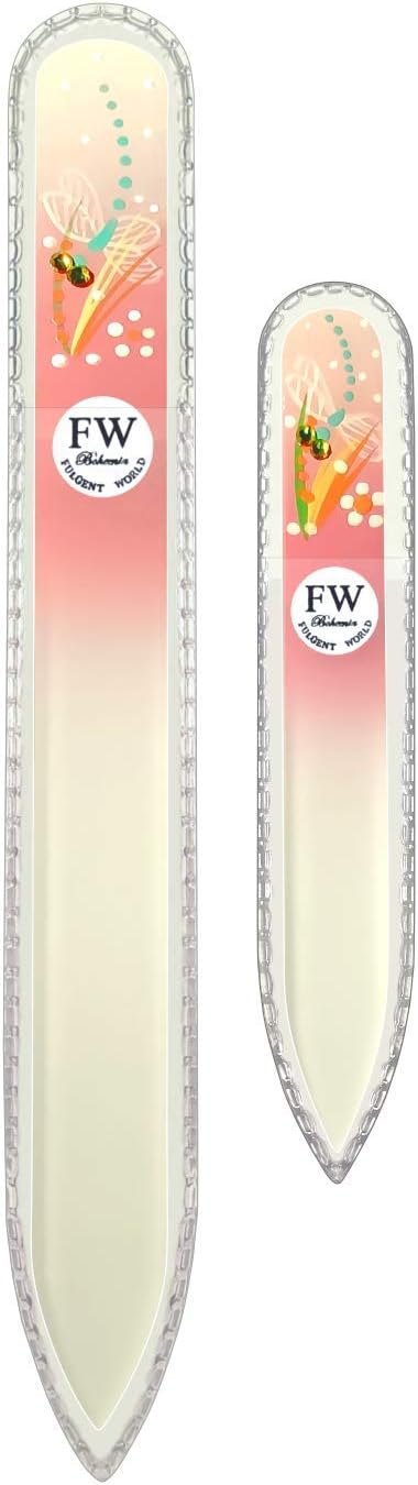 Crystal Glass Nail Files Hand Painted - Gift Set of 2 Butterfly - Original Czech Quality - for Natural and Acrylics Nails (Pink-White)