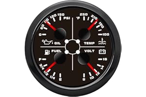 ARTILAURA AUTO Gauge 4in1 Multifunction Meter- Oil Pressure/Water Temp/Fuel Level/Voltmeter 85mm 3 3/8" Automotive Boat Gauge