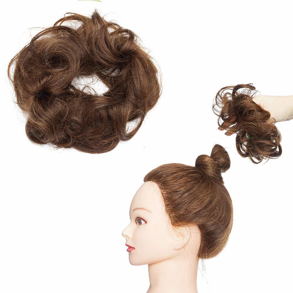 Silk-co Short Messy Hair Bun 100% Silky Soft Real Remy Human Updo Curly Hair Ribbon Ponytail Extensions Donut Chignons HairPeice #04 Medium Brown