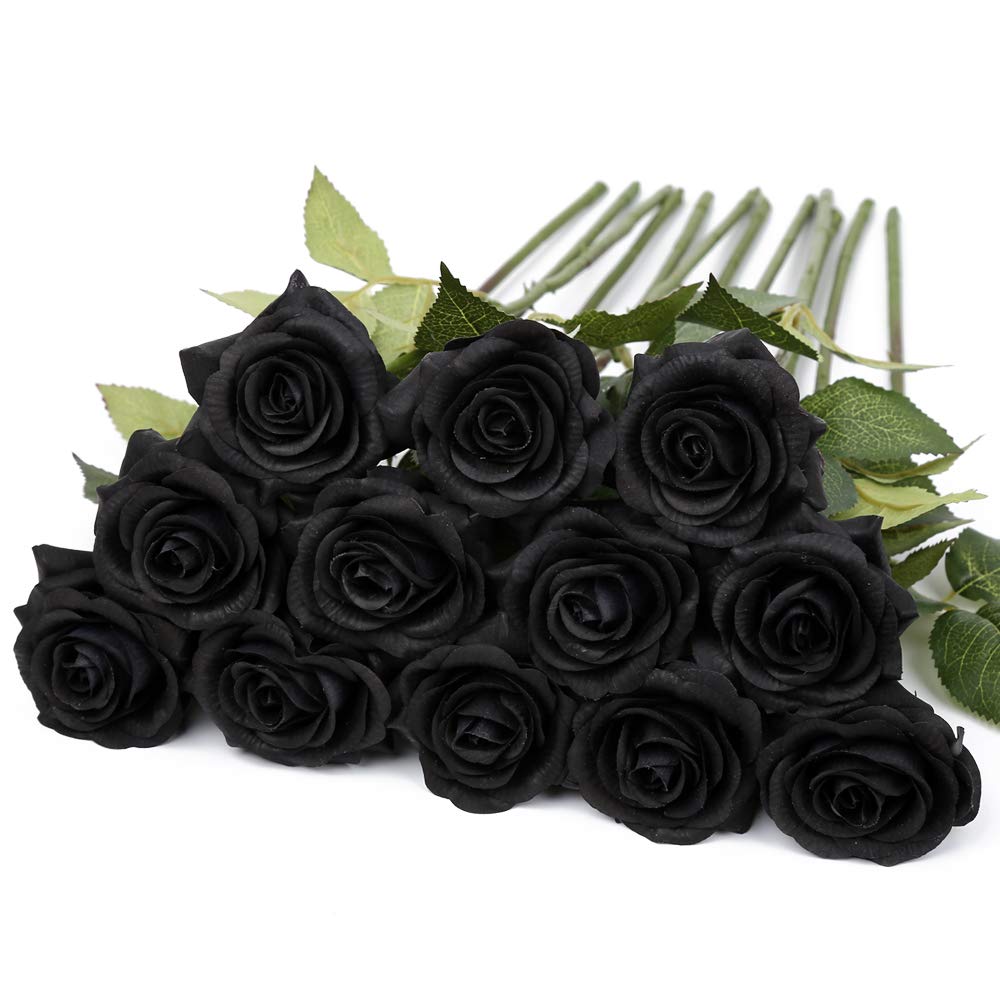 IPOPU 12 Pcs Artificial Roses Flowers Party Decorations Fake Roses Silk Flowers Faux Roses Flowers Petal Floral for Home Wedding Party Shop Garden Bridal Decorations DIY(Black)