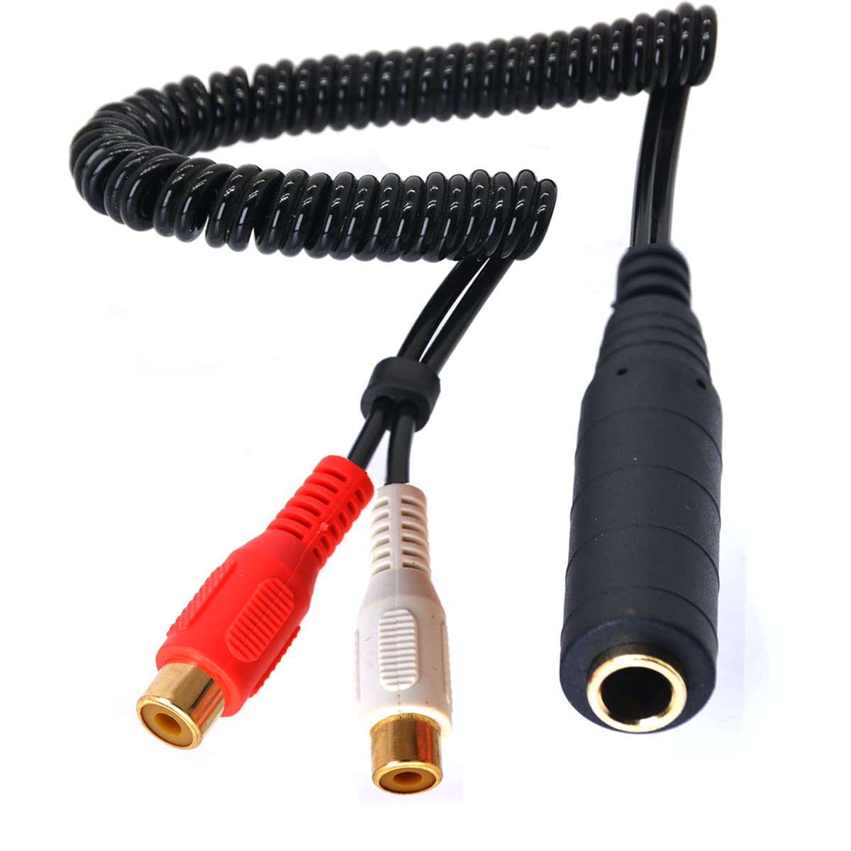 Tomost Coiled 6.35mm to 2RCA Cable Adapter, RCA to 1/4" TRS Stereo Cable Spring 6.35mm 1/4 inch TRS Female to 2RCA Female Phono Audio Y Splitter Cable Adapter(80cm/2.6ft) (2RCA Female)
