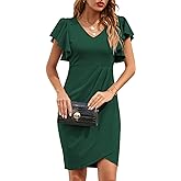 IHOT Women's V Neck Ruffle Sleeve Bodycon Sheath Wrap Ruched Casual Cocktail Party Work Dresses