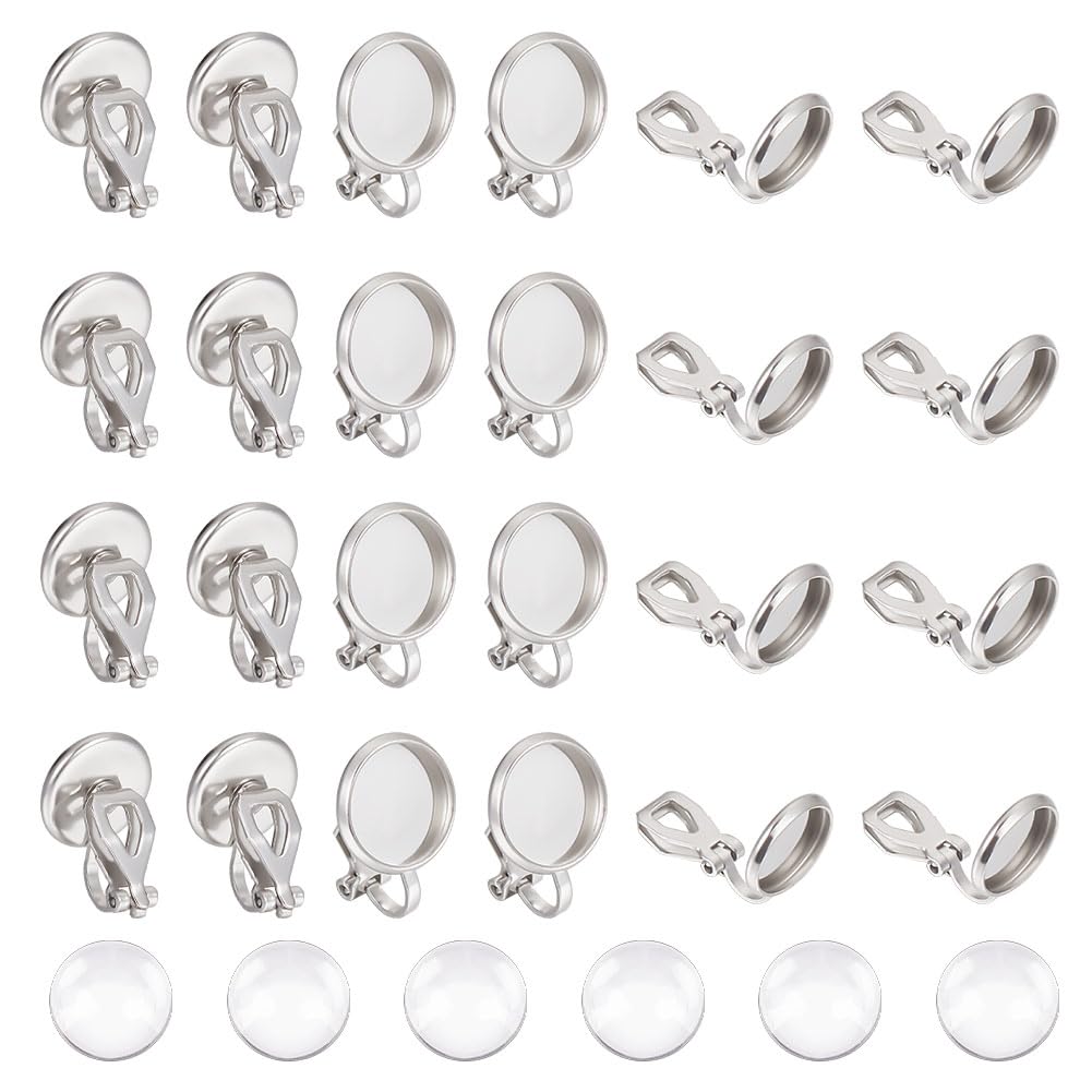 UNICRAFTALE 50 Set Blank Dome Clip-on Earring Findings Flat Round Tray Earrings Components Non-Piercing Earring Accessories with Glass Cabochons for Jewelry Making