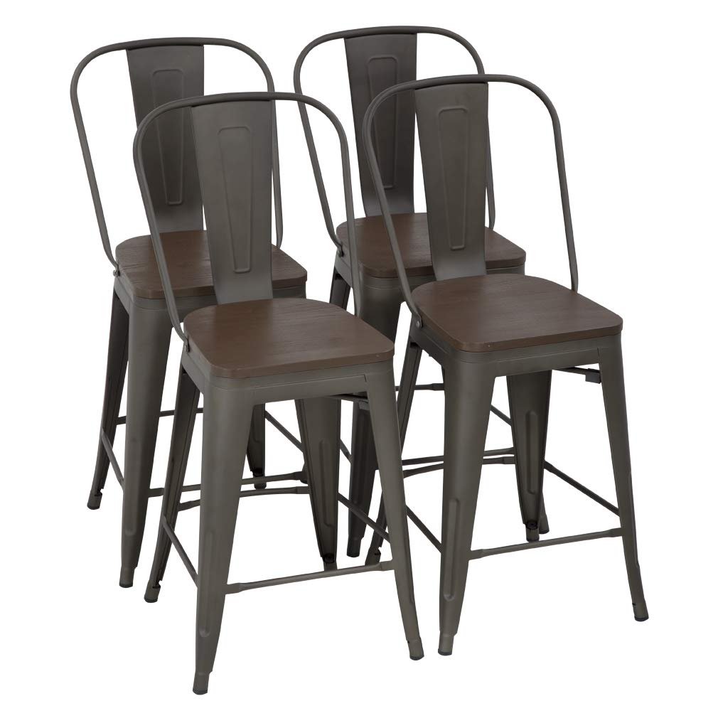 View 1 of FDW Metal Bar Stool Set of 4 Counter Height Barstool with Back 24 Inches Seat Height Industrial Bar Chairs Patio Stool Stackable Modern Kitchen Stool Indoor Outdoor