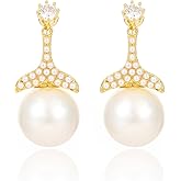 14k Gold Plated Pearl Rhinestone Dangle Earrings for Women Jewelry
