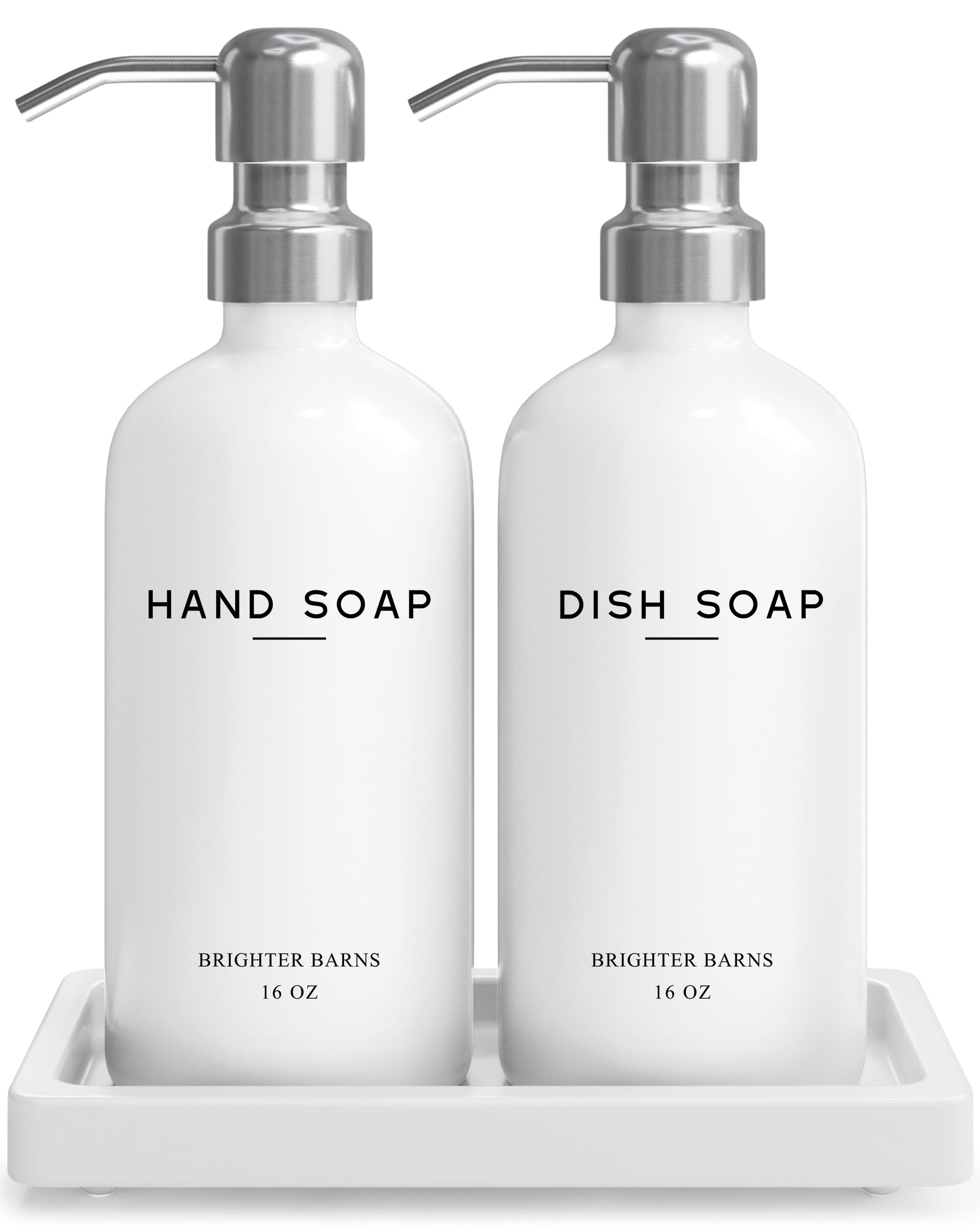 Photo 1 of White Glass Hand and Dish Soap Dispenser Set by Brighter Barns - Kitchen Soap Dispenser Set with Tray & Pump for Office, Hotel, Vacation Rental, Airbnb - Modern Kitchen Decor & Accessories (White)
