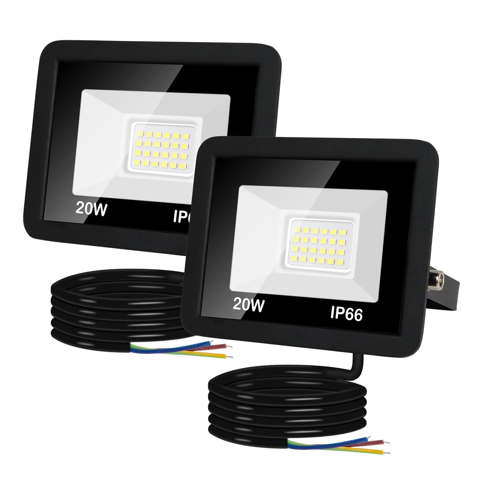Caldarax 20W LED Floodlight Outdoor, 2000LM Super Bright LED Security Lights IP66 Waterproof, 6000K Daylight White Outdoor LED Flood Lights with 1M Wire for Garden, Garage, Backyard, Pack of 2