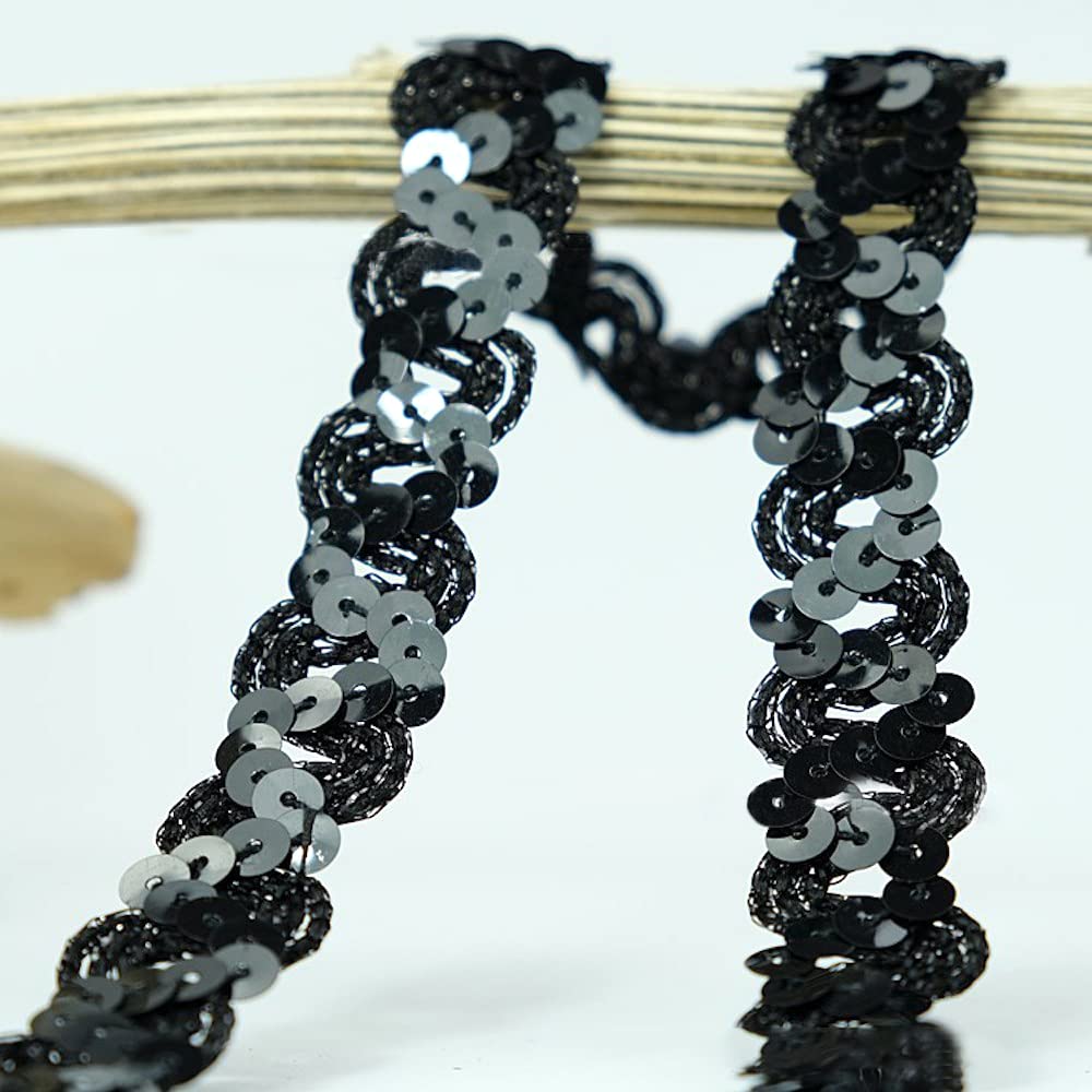 12 Metres 18 mm Glitter Sequins Lace Ribbon Sequin Ribbon Lace Trim Braided Decorative Ribbon Trimming Ribbon Sequin Ribbon Trim Border for DIY Sewing Costumes Craft Decoration, Black