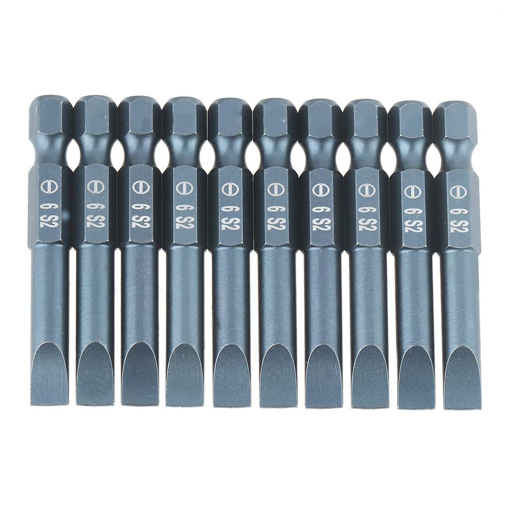 S2 Slotted Screwdriver Bit Set, 10 Pieces, 1/4 Inch Hex Shank, Flat Head, Alloy Steel, Magnetic, 50mm Length, Professional Precision Bits for Power Drills
