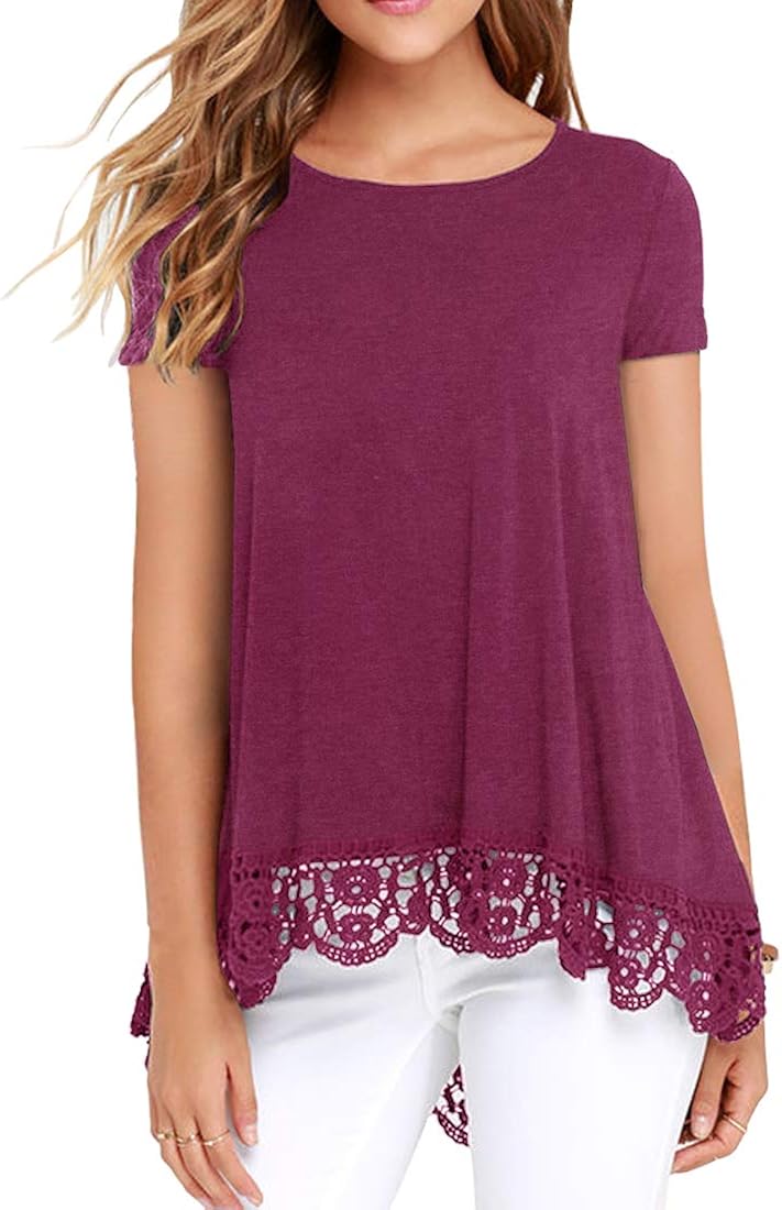 QIXING Women's Tops Short Sleeve/Long Sleeve Lace Trim O-Neck A Line Tunic Blouse at  Women’s Clothing store