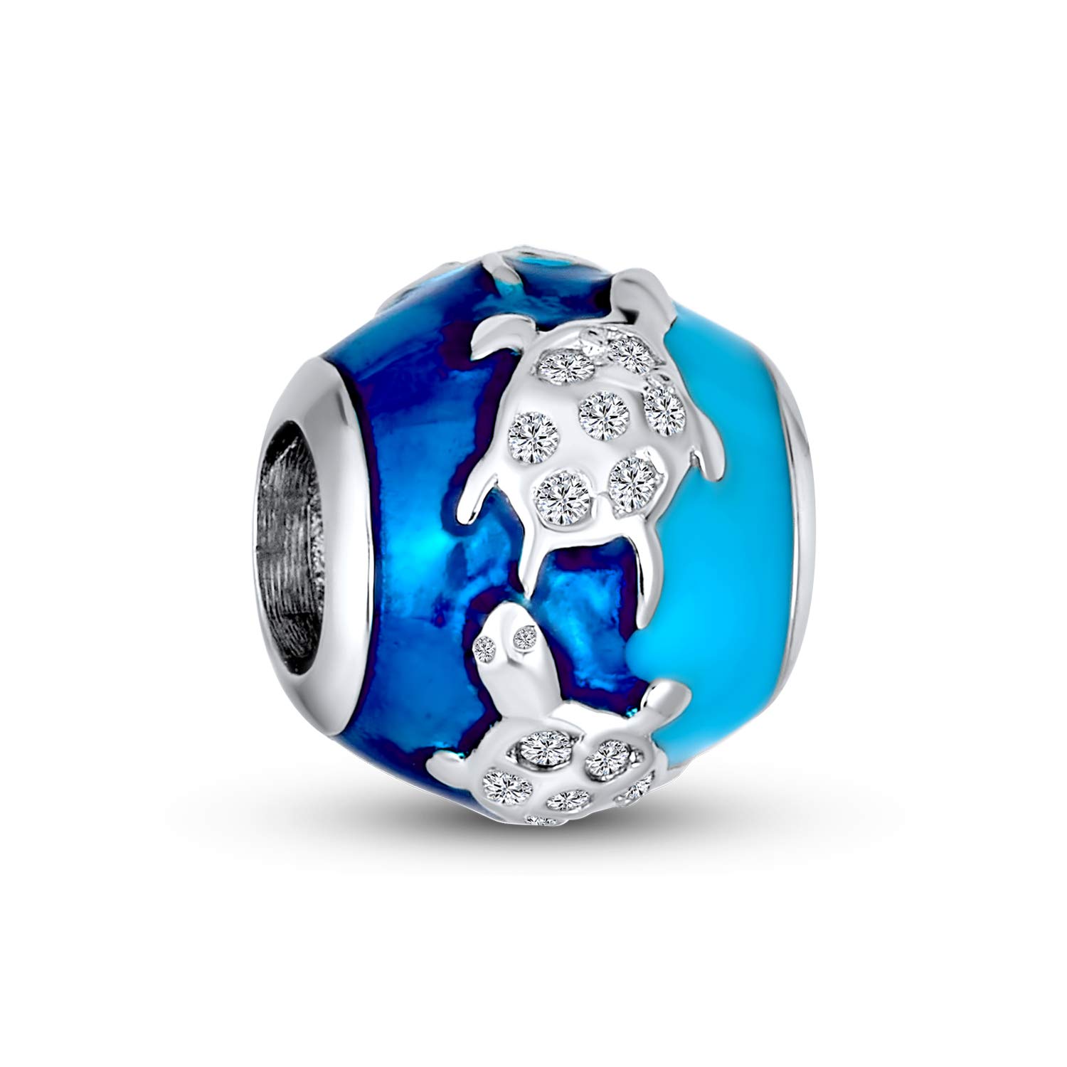 Bling Jewelry Tropical Vacation Nautical Ocean Blue Waves Sea Turtle Charm Bead For Women Teen .925 Sterling Silver Fits European Bracelet